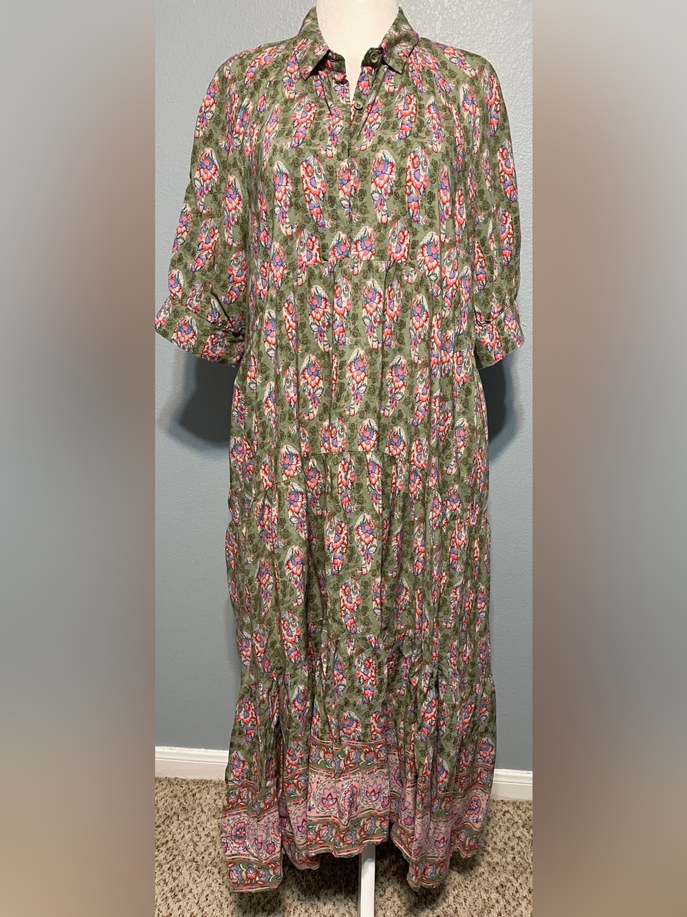 Natural Life Green Floral Paisley Maxi Dress Womens Tiered Boho Cottagecore XL